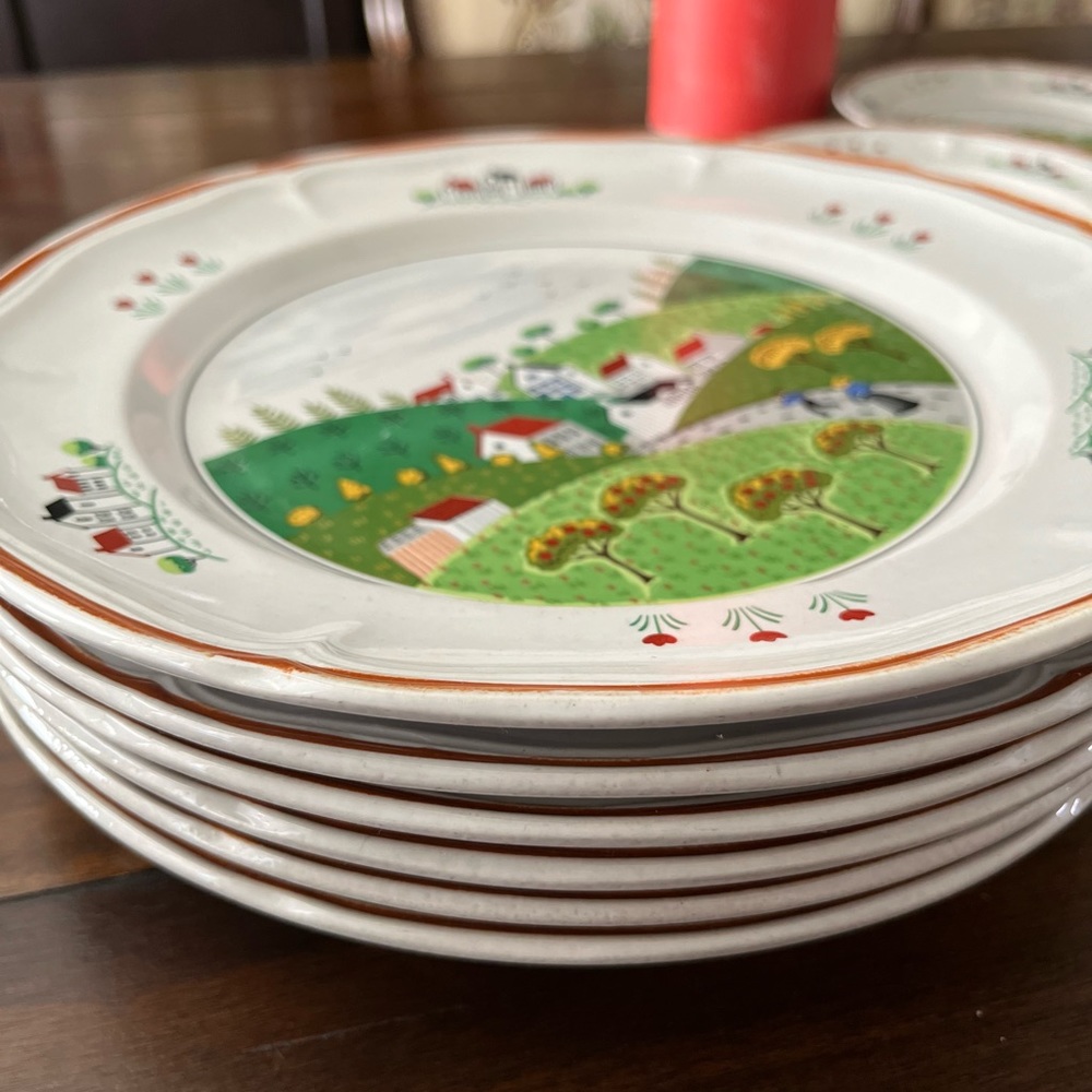 COPY - Newcor Stoneware Dinner Plate Country Village Pattern #627 Farmhouse Tre…